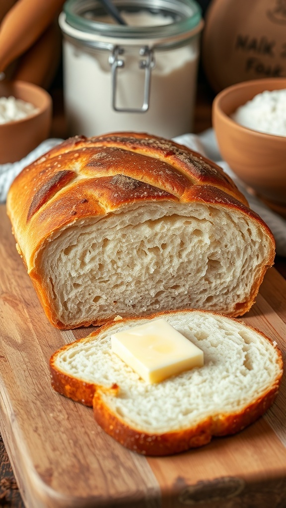 Freshly baked homemade bread loaf on a wooden board with slices and melting butter.